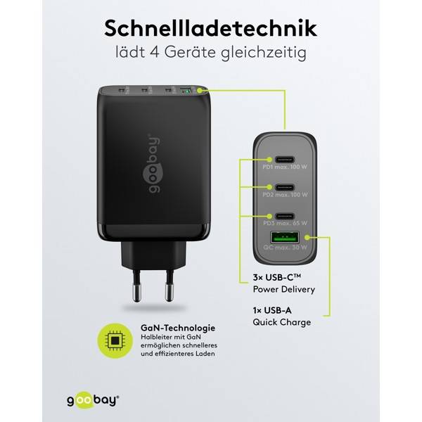 Goobay USB Netzteil 100W Charger PD & QC, 4 Port Universal Ladegerät, USB-C USB-A Mini GaN Adapter, Schwarz-3
