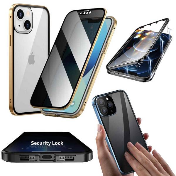 Für Apple iPhone 15 Pro Max Handy Tasche Beidseitiger Magnet Glas Bumper Privacy Case