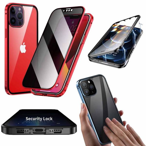 Für Apple iPhone 15 Plus Handy Tasche Beidseitiger Magnet Glas Bumper Privacy Case