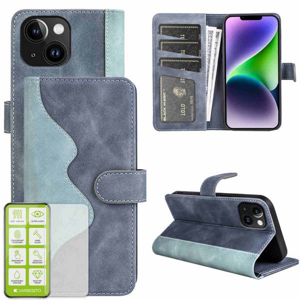 Für Apple iPhone 15 Plus Design Handy Tasche Blau Etuis Kunst-Leder Hülle Case + H9 Hart Glas