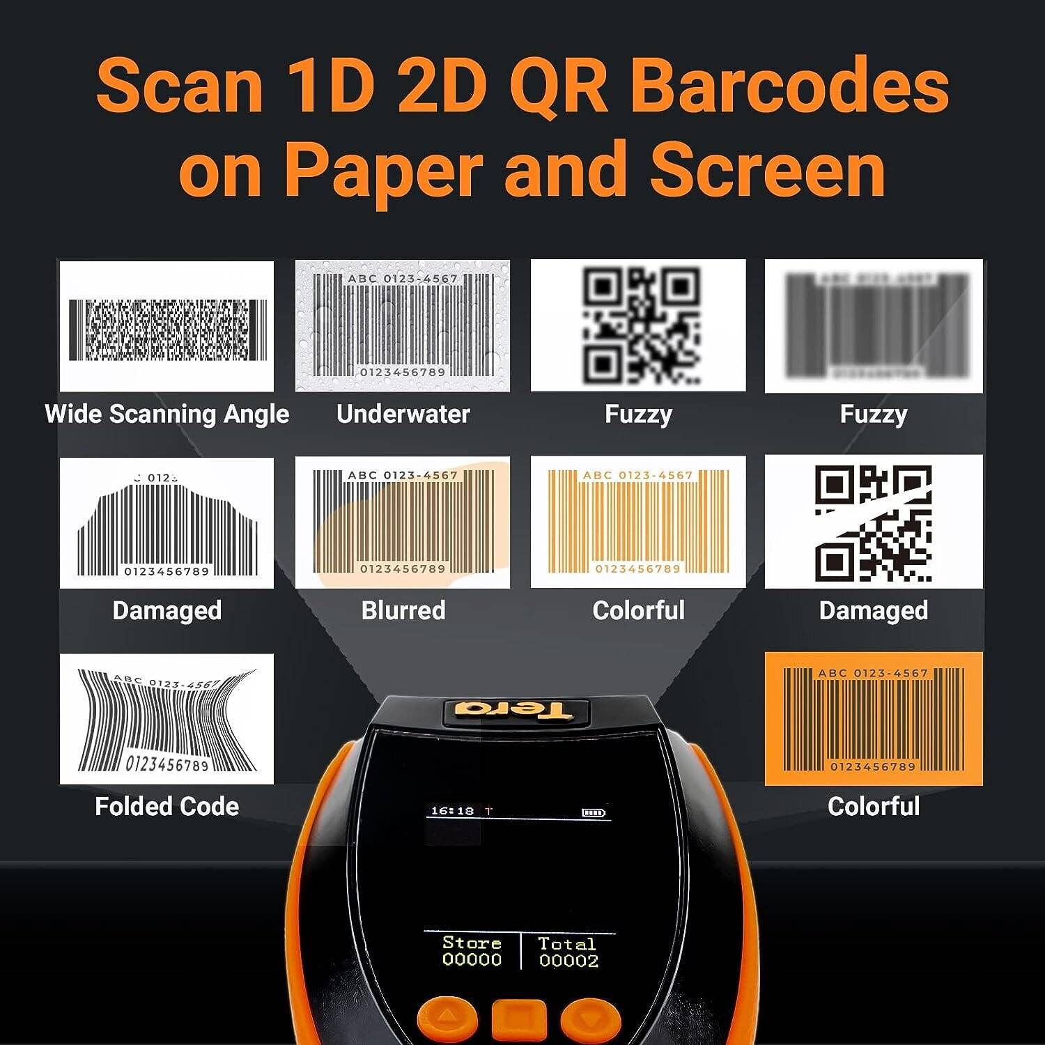 Tera 1D 2D QR Barcode-Scanner Einstellungsbildschirm & Tastenfeld Bluetooth 2.4GHz USB HW0009-4
