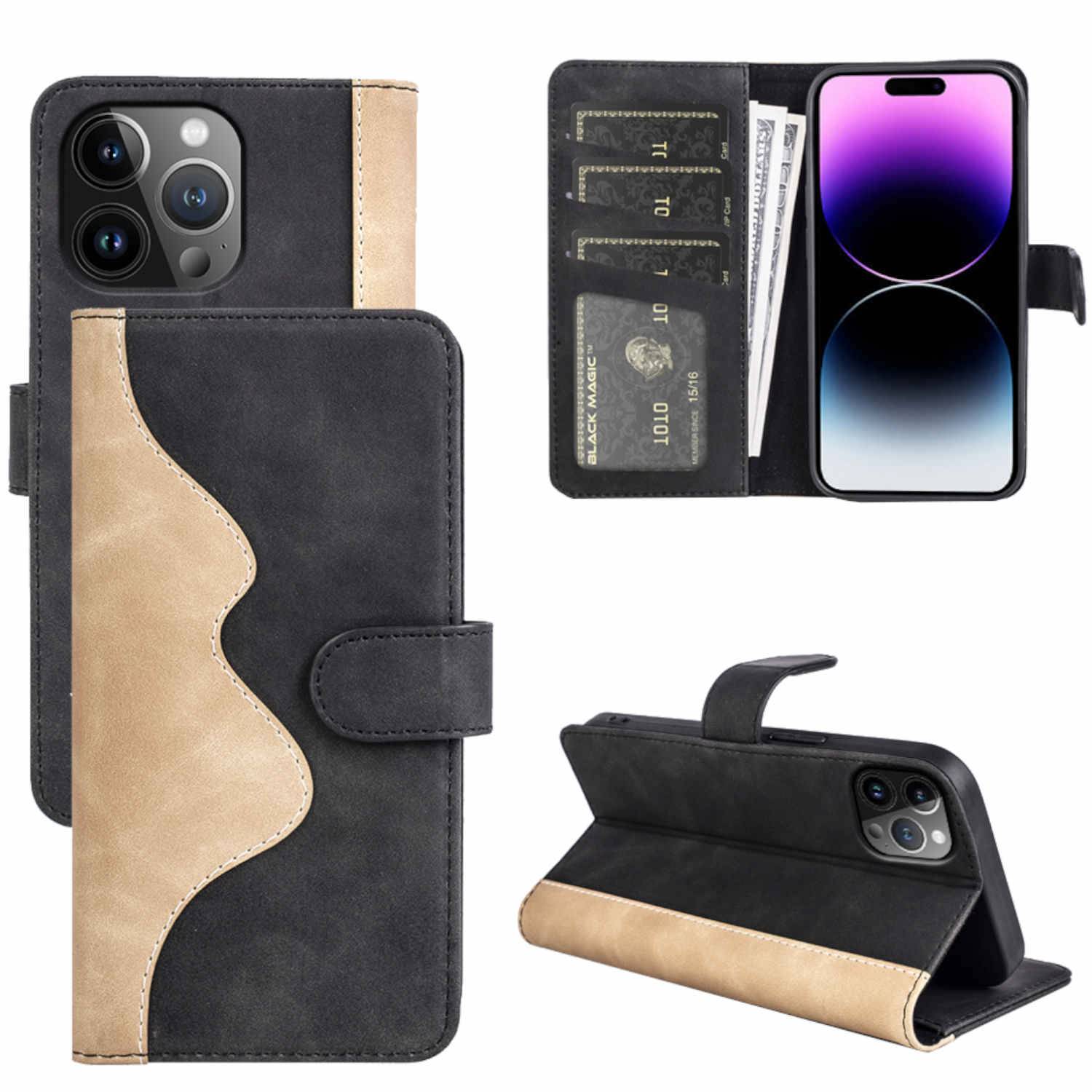 Für Apple iPhone 15 Pro Max Design Handy Tasche Schwarz Etuis Kunst-Leder Hülle Cover-0