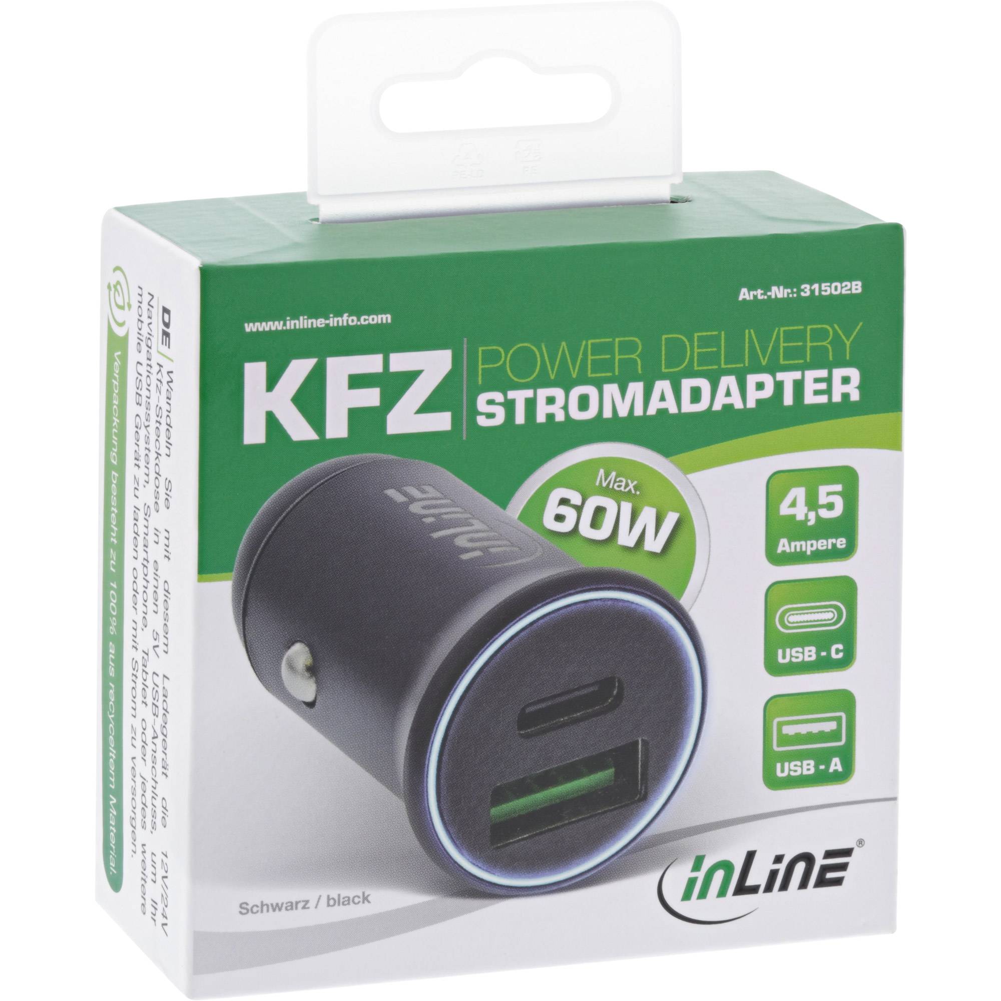 InLine® USB KFZ Stromadapter PD, 12/24V USB-A + USB-C, max. 60W, schwarz-1