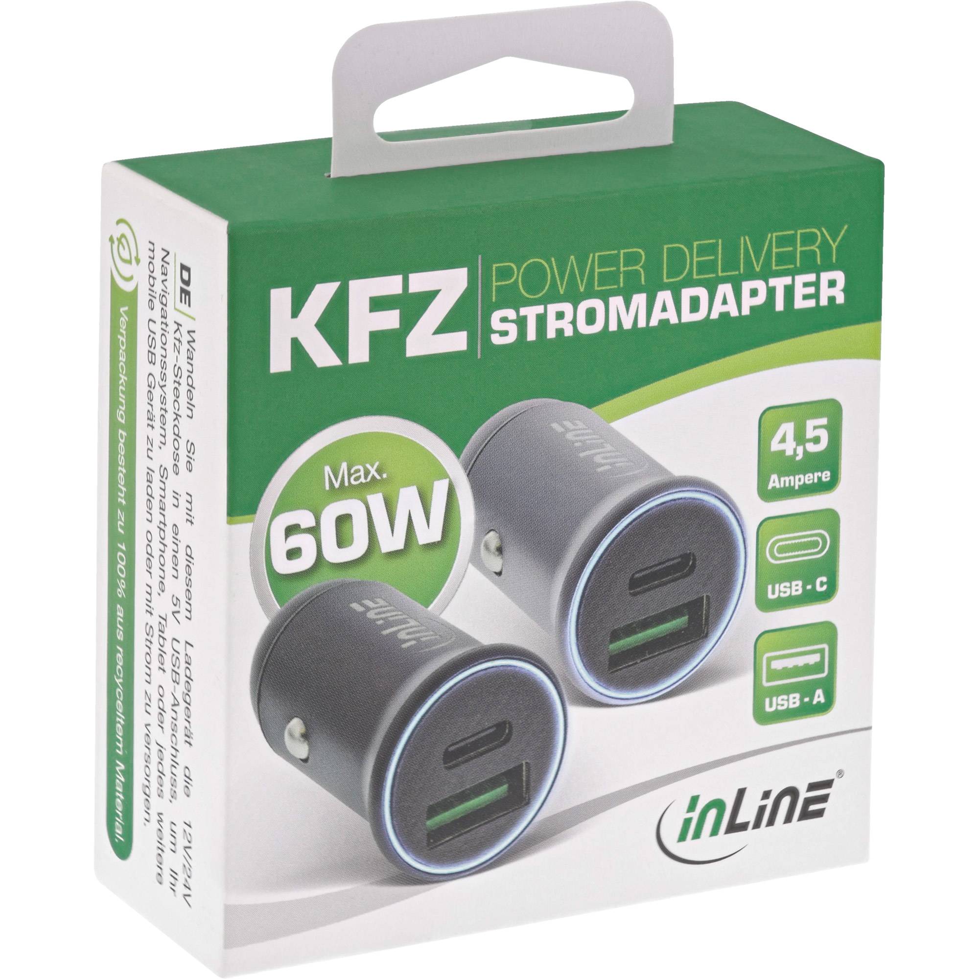 InLine® USB KFZ Stromadapter PD, 12/24V USB-A + USB-C, max. 60W, schwarz-3