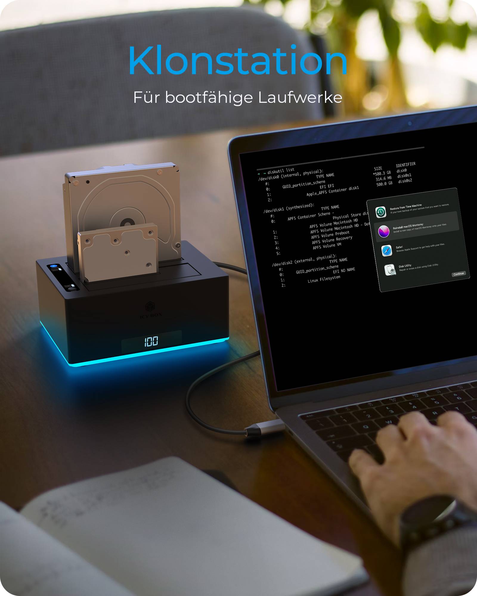 IB-127CL-U3; Docking und Klonstation für 2x 2,5" oder 3,5" HDD/SSD zu USB 3.2 Gen 1 Host, SINGLE + copy funktion-1