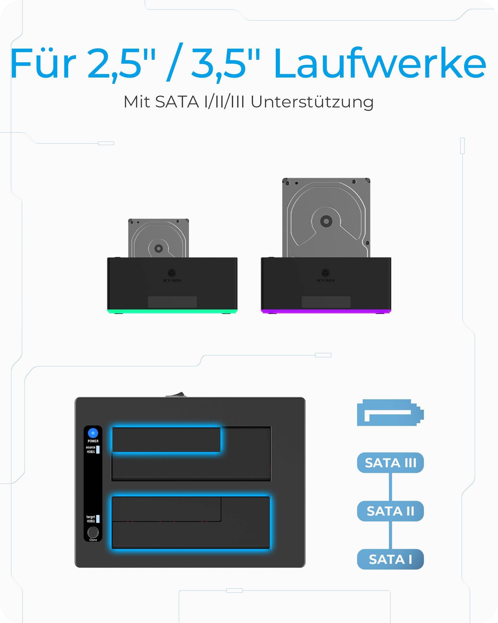 IB-127CL-U3; Docking und Klonstation für 2x 2,5" oder 3,5" HDD/SSD zu USB 3.2 Gen 1 Host, SINGLE + copy funktion-2