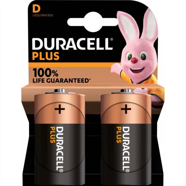 Duracell Plus 100 D, Einwegbatterie, D, Alkali, 1,5 V, 2 Stück(e), Mehrfarbig