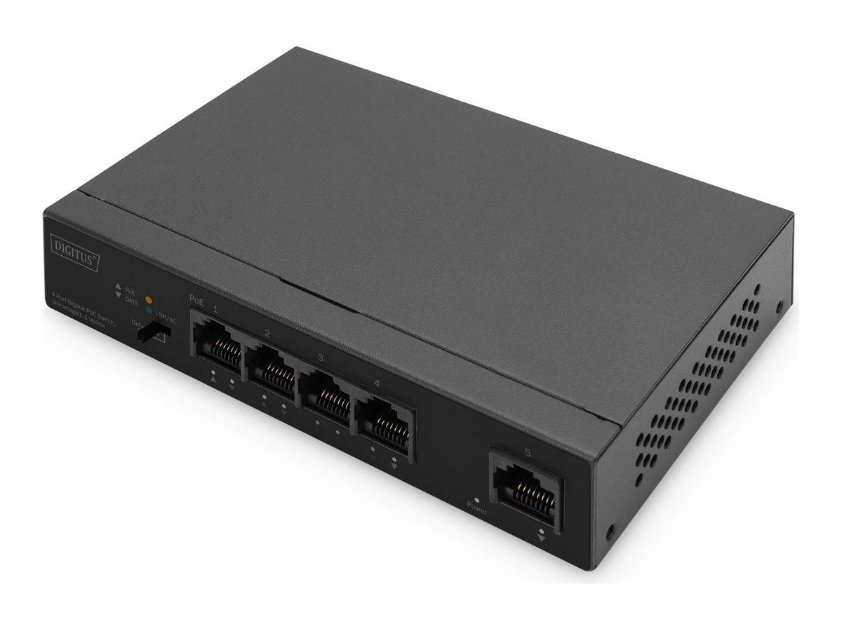 DIGITUS - 4+1-Port Gigabit PoE Netzwerkswitch, Desktop, unmanaged, 1 Uplink Port RJ45, 60 W, af/at-1
