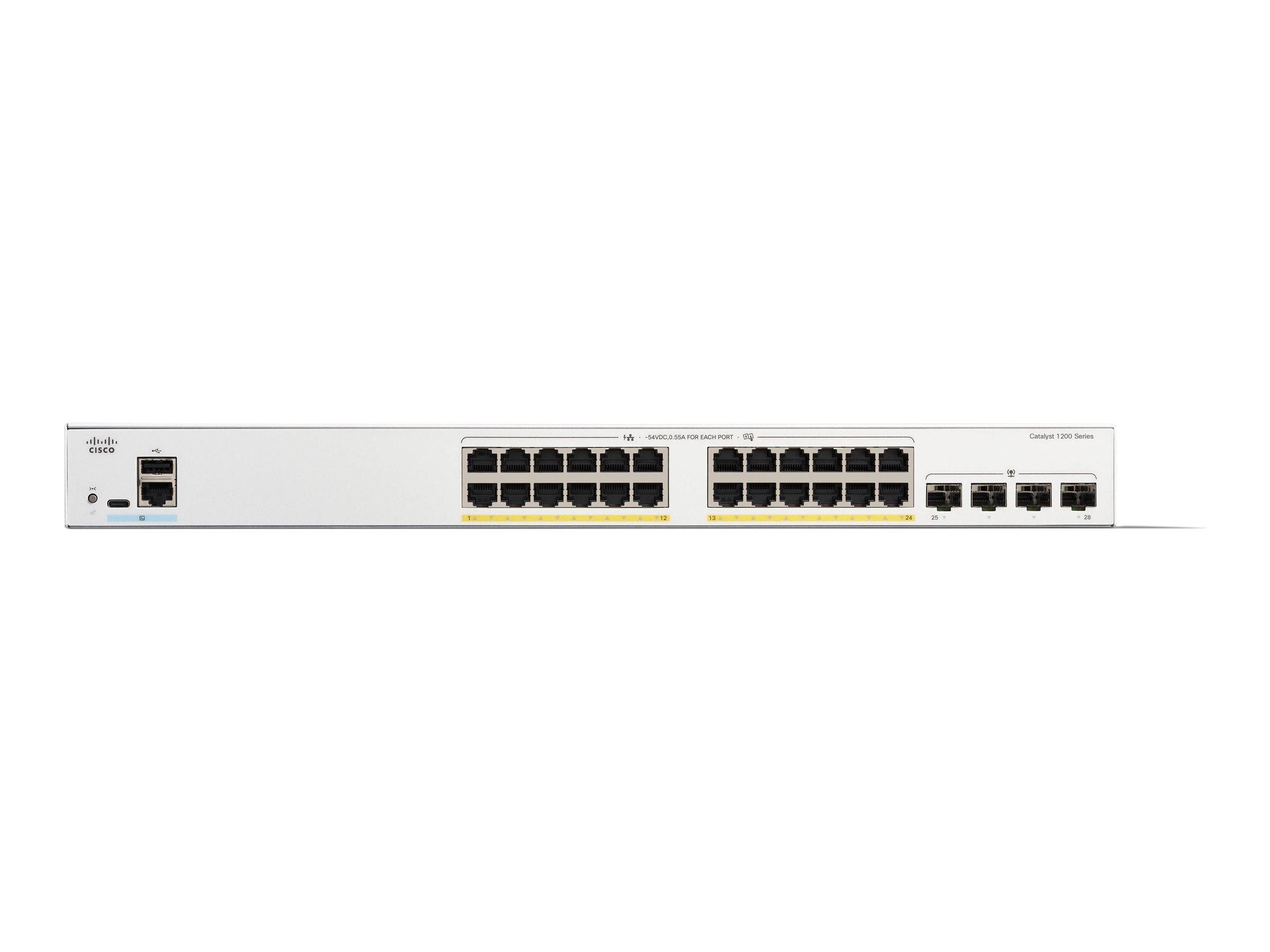 Cisco Catalyst 1200-24P-4G - Switch - L3 - Smart - 24 x 10/100/1000Base-T + 4 x 10 Gigabit SFP+ - an Rack montierbar - P-1