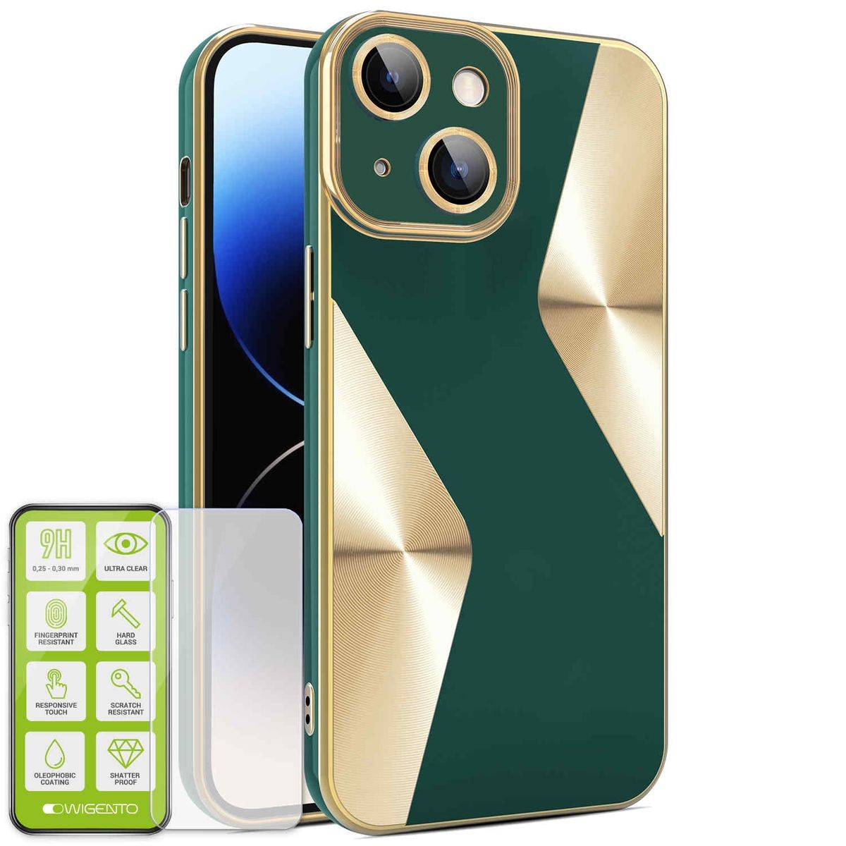 Für Apple iPhone 15 Plus Produktset Electroplated Silikon TPU + H9 Hart Glas Schutz Hülle Case Cover Etuis Zubehör Grün-0