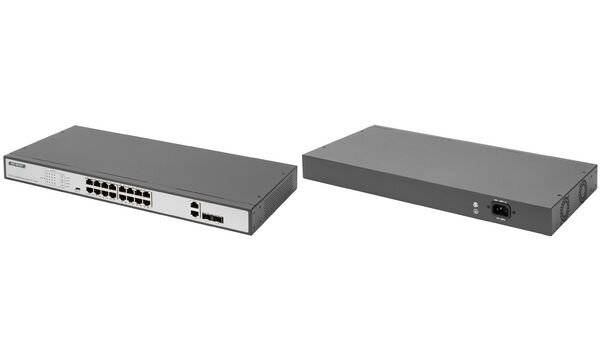 DIGITUS - 16-Port Fast Ethernet PoE Netzwerkswitch, 19 Zoll, unmanaged, 2 Uplink Ports, SFP, 250 W, af/at-5