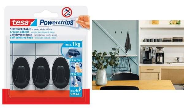 TESA Powerstrips, Drinnen, Universalhaken, Schwarz, Polystyrol (PS), Klebestreifen, 1 kg-2