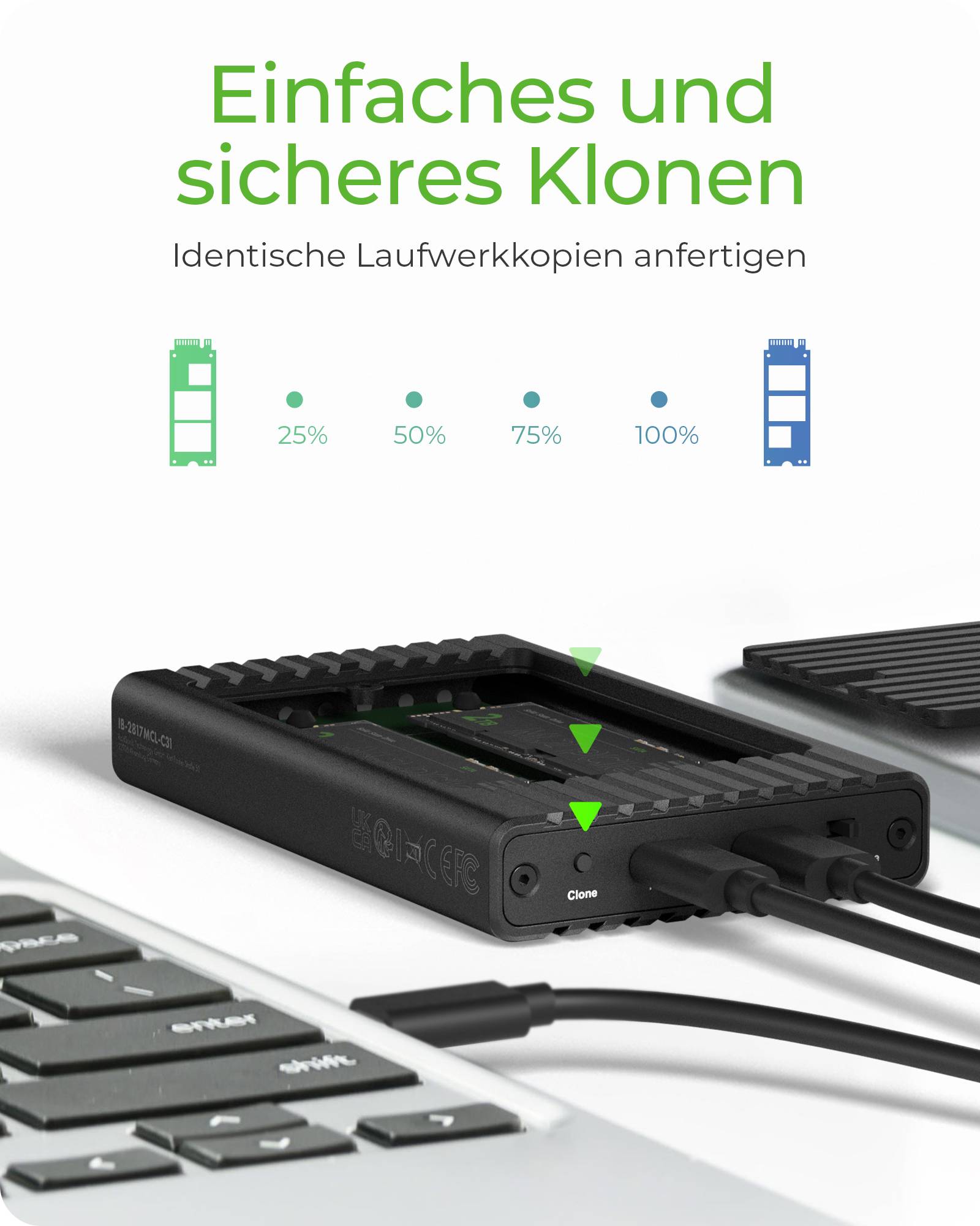 IB-2817M-C32, 2-fach M.2 PCIe NVMe Gehäuse, Host USB 3.2 Gen2x2 Type-C® 20 Gbit/s, für 22x30/42/60/80 mm M.2 SSD, Alu-1