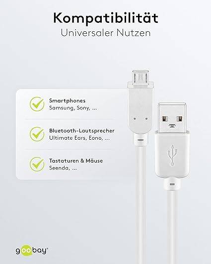 Goobay 96194 USB A auf Micro USB B Kabel / 480 Mbits Ladekabel USB 2.0 zu Micro USB Stecker Adapterkabel / Weiß / 3m-2