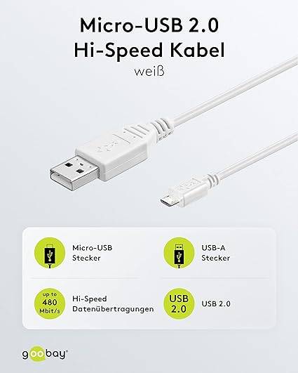 Goobay 96191 USB A auf Micro USB B Kabel / 480 Mbits Ladekabel USB 2.0 zu Micro USB Stecker Adapterkabel / Weiß / 0,3m-1