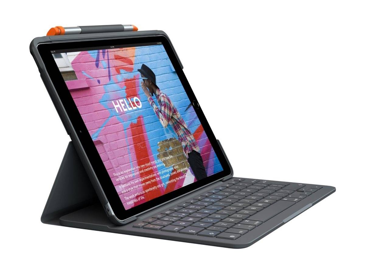 Logitech Slim Folio - Tastatur und Foliohülle - kabellos - Bluetooth LE - QWERTZ - Schweiz - Oxford Gray - für Apple 10.-0