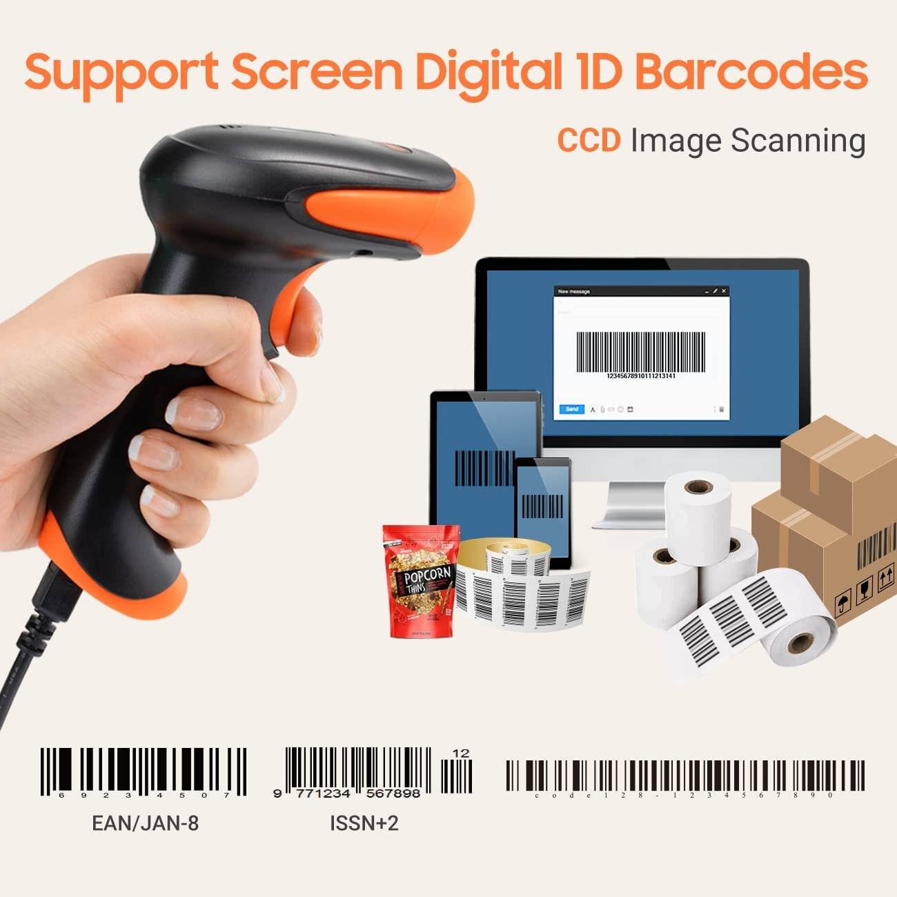 Tera Barcode Scanner 1D CCD Handlich Plug und Play Barcode-Leser SchnellerPräziser Modell 1500C-2