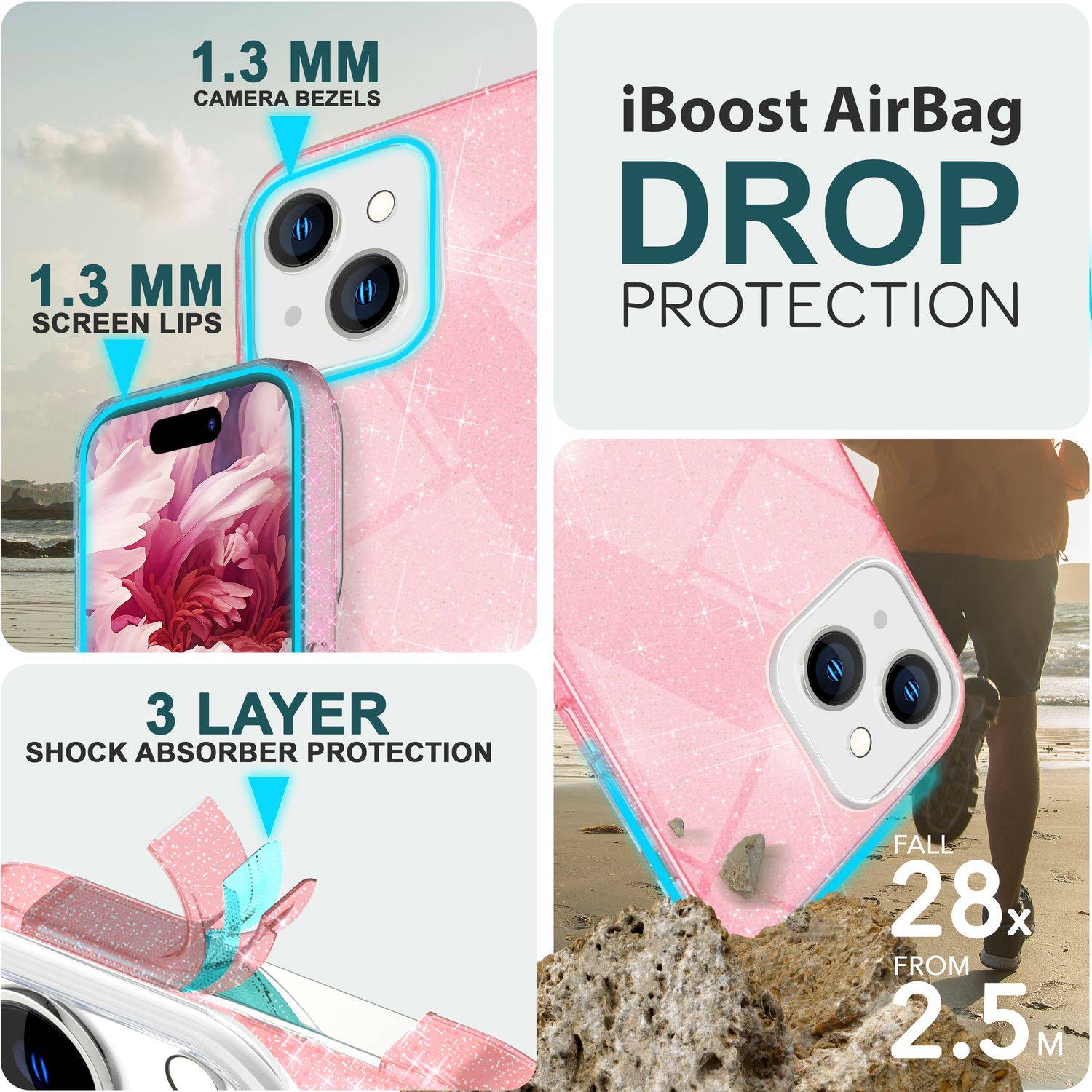 Glitzer Hülle für iPhone 15 Plus Hybrid Bling Case Silikon Handyhülle Tasche TPU Pink-1