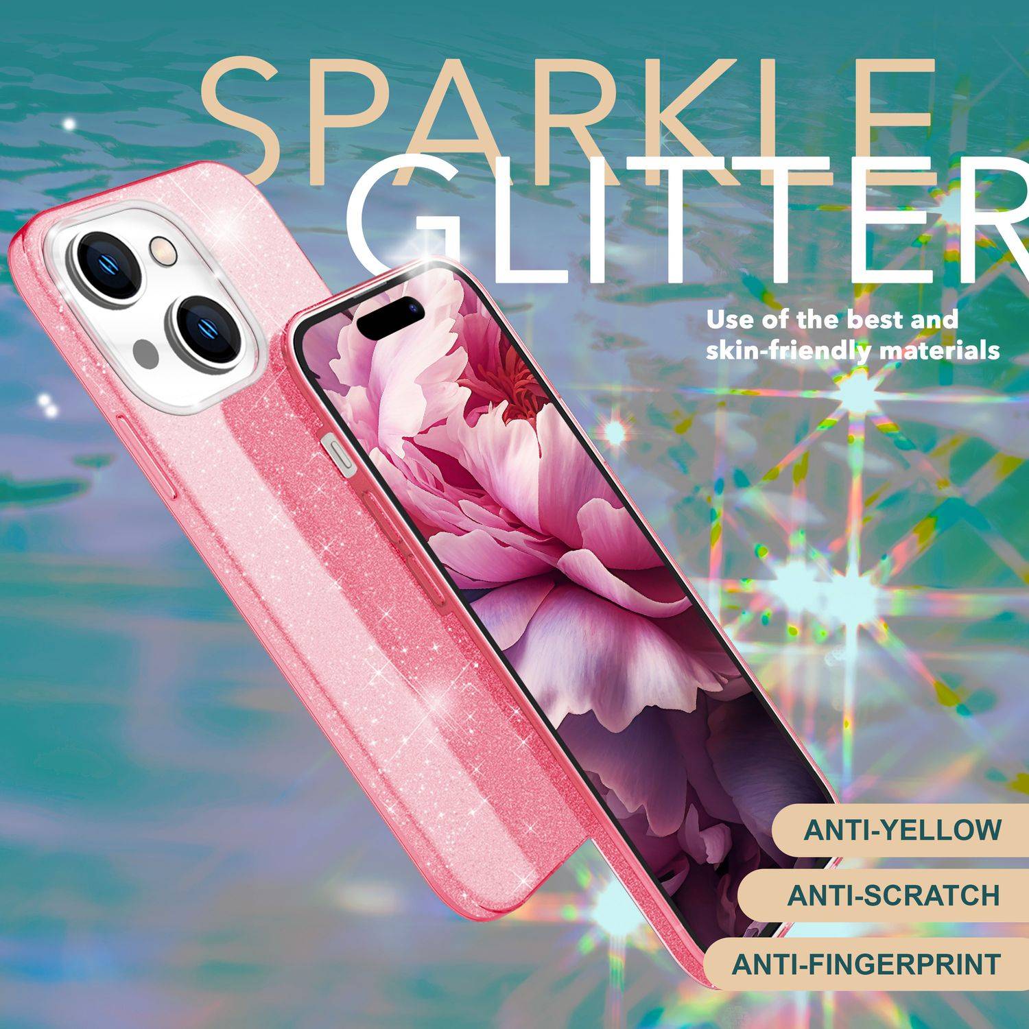 Glitzer Hülle für iPhone 15 Plus Hybrid Bling Case Silikon Handyhülle Tasche TPU Pink-2