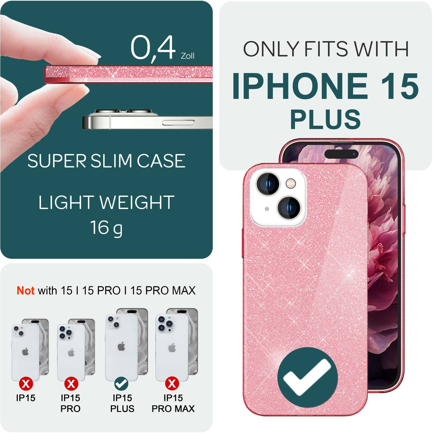 Glitzer Hülle für iPhone 15 Plus Hybrid Bling Case Silikon Handyhülle Tasche TPU Pink-3
