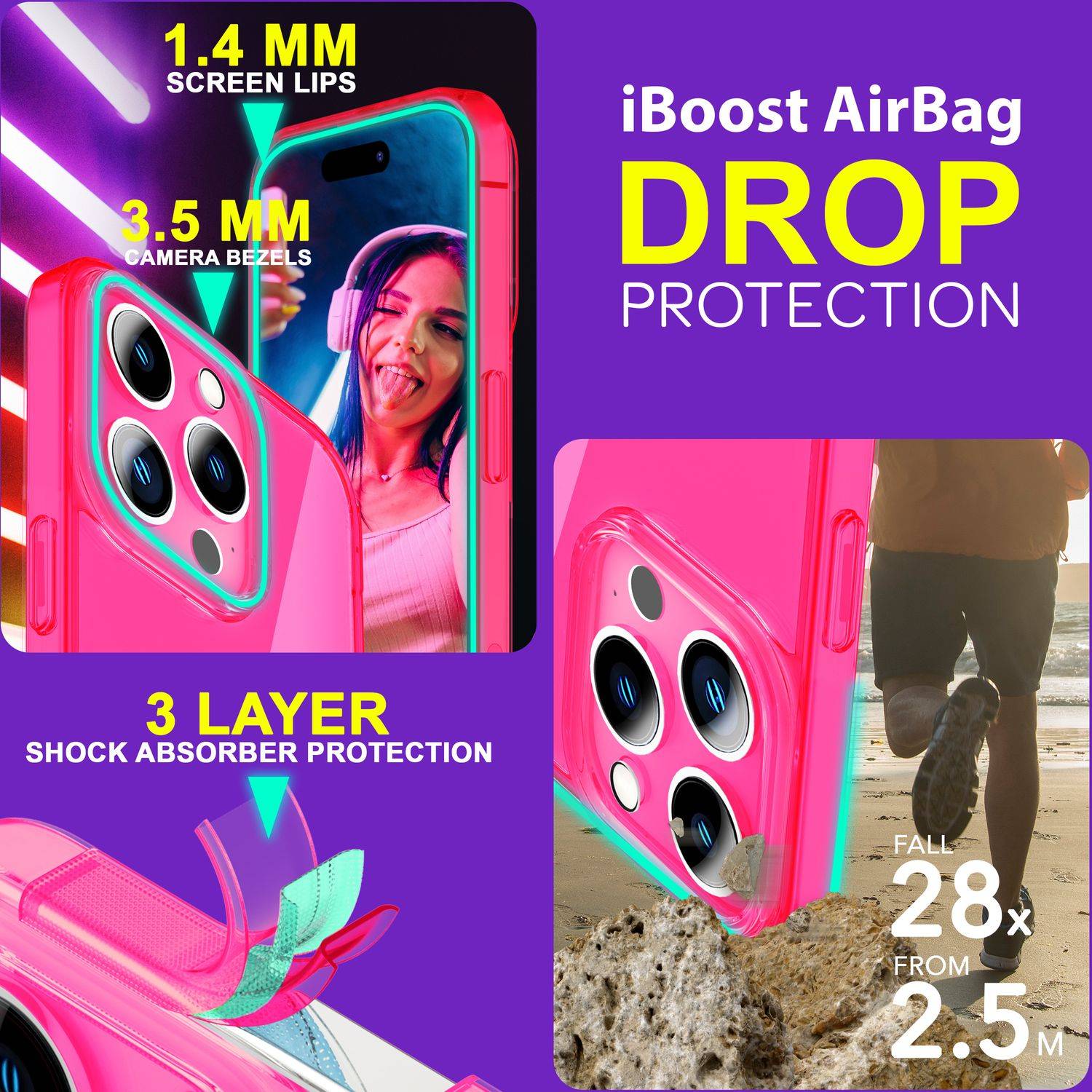 Hülle Neon Klar für iPhone 15 Pro Max Bunt Leuchtend Silikon Handyhülle TPU Case Pink-1