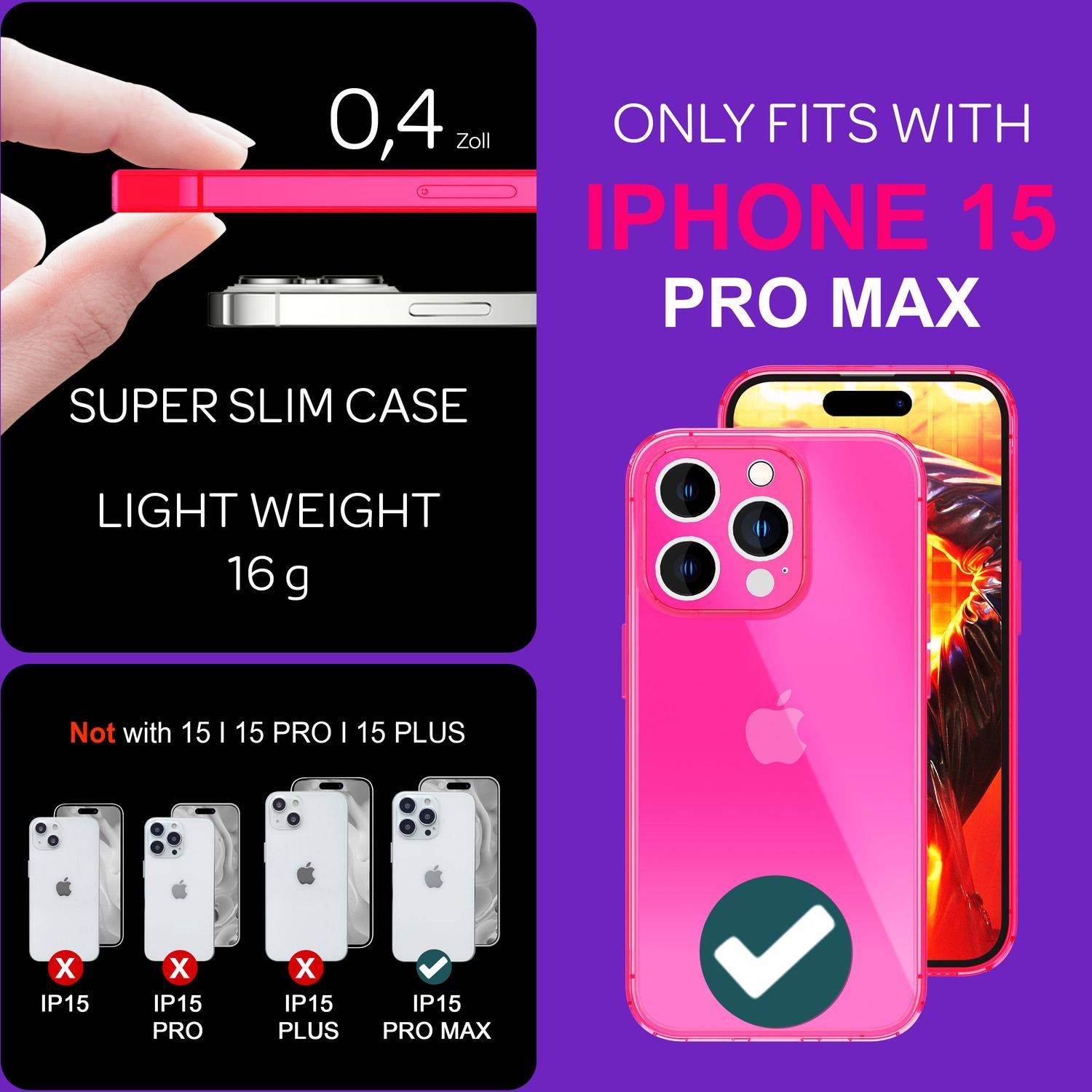 Hülle Neon Klar für iPhone 15 Pro Max Bunt Leuchtend Silikon Handyhülle TPU Case Pink-3