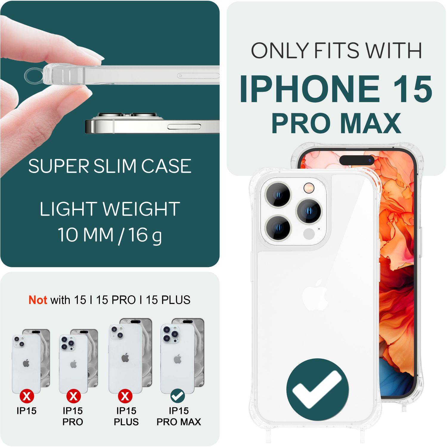 Hülle mit Band für iPhone 15 Pro Max Handyhülle Umhängen Handy Kette Case Kordel Rot-3
