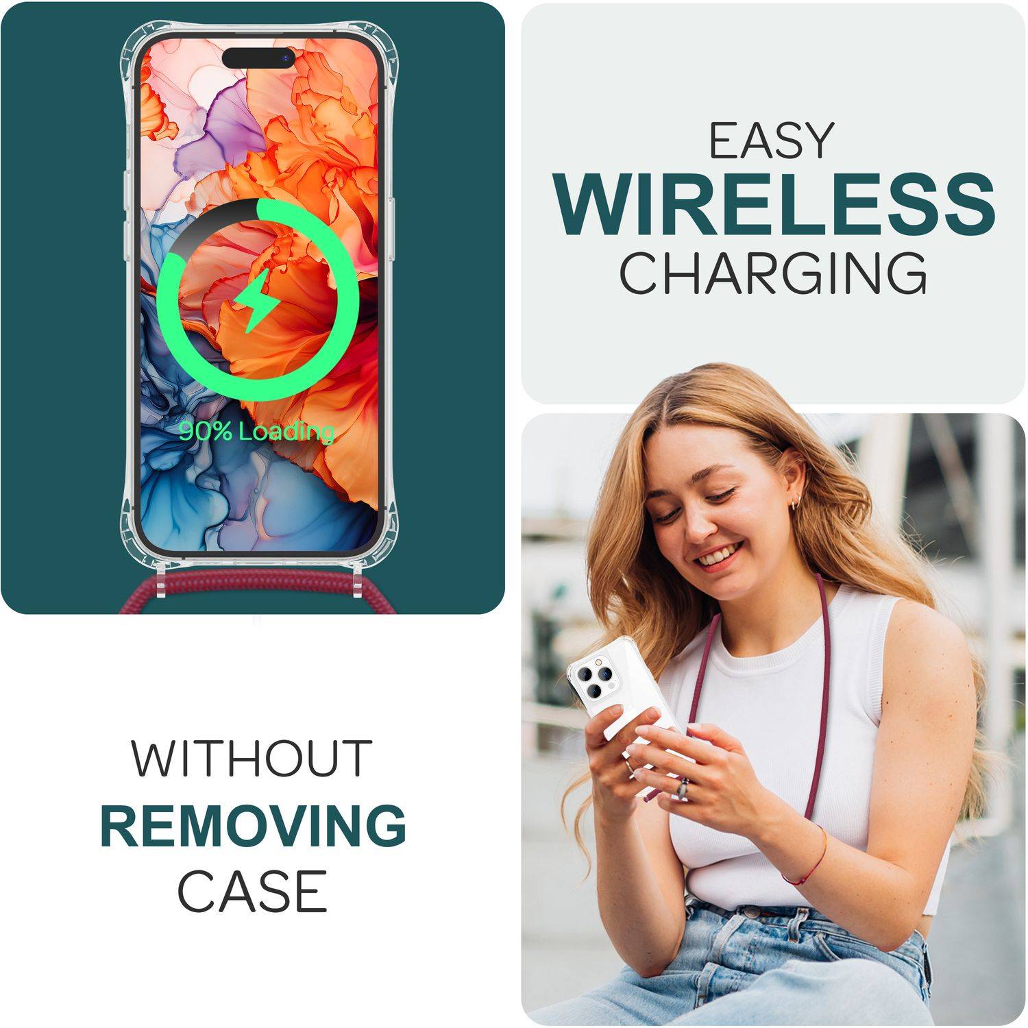 Hülle mit Band für iPhone 15 Pro Max Handyhülle Umhängen Handy Kette Case Kordel Rot-4