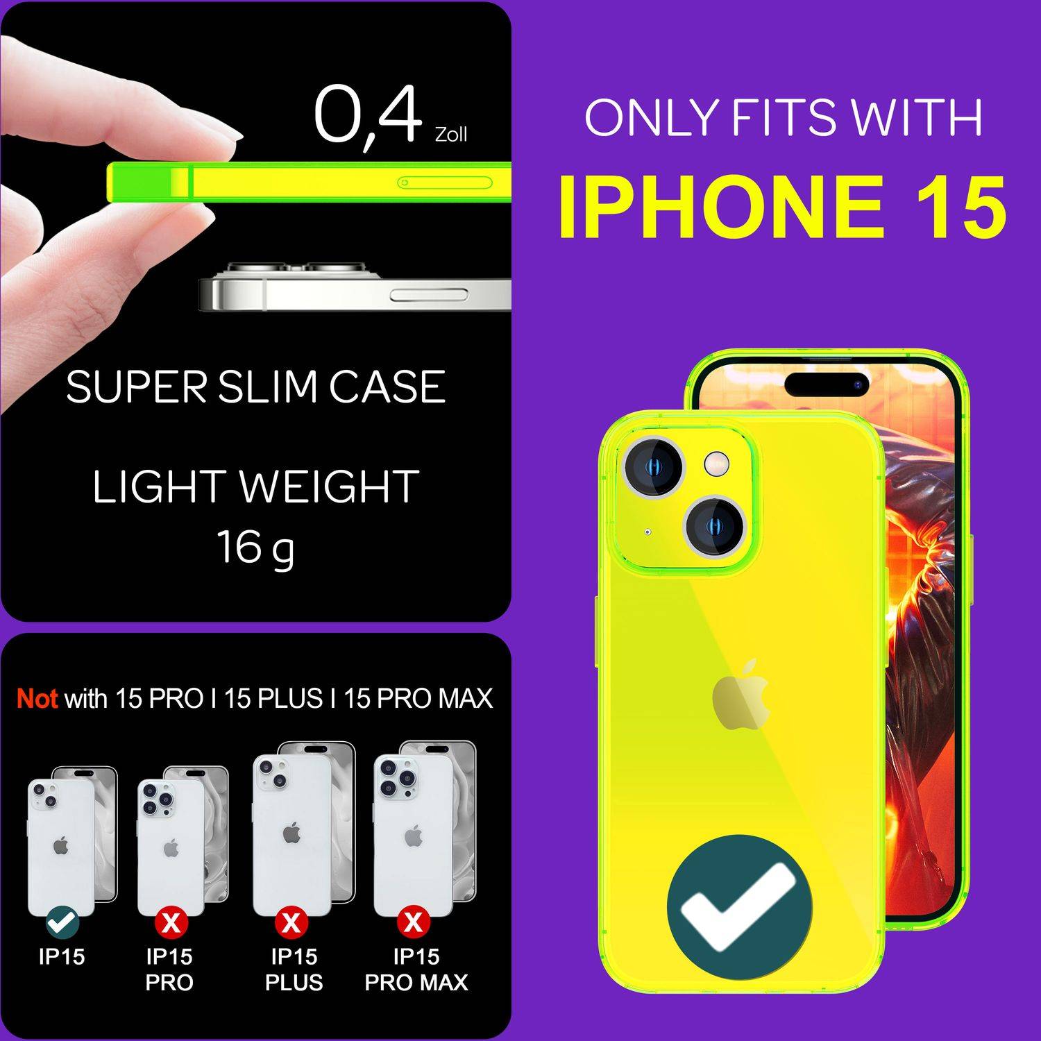 Hülle Neon Klar für iPhone 15 Bunt Leuchtend Silikon Handyhülle Slim Schutz Case Gelb-3