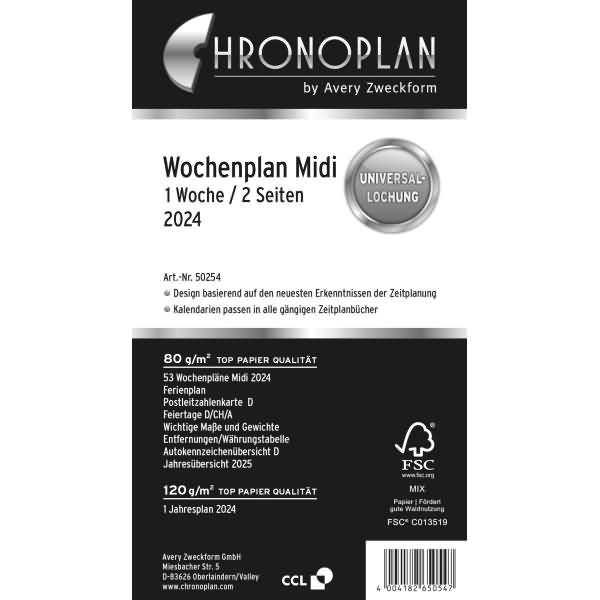 CHRONOPLAN Wochenplan 2024, 1 Woche/2 Seiten, Midi, Zahlen (72150312)
