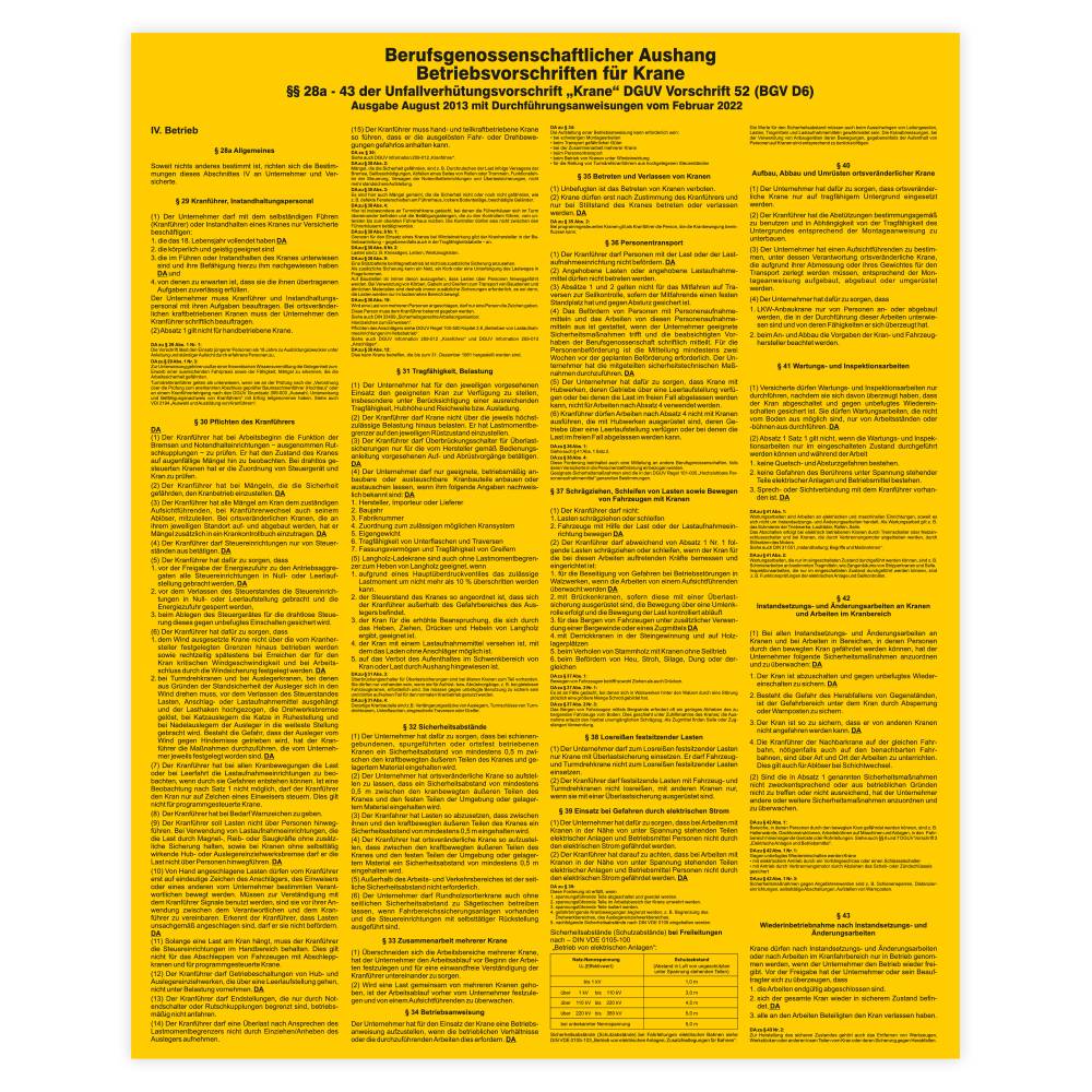 Sicherheitsaushang, Betriebsvorschriften für Krane DGUV Vorschrift 52, Kunststoff, 420 x 520 mm-0