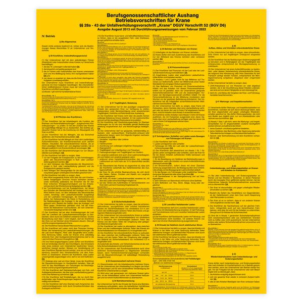 Sicherheitsaushang, Betriebsvorschriften für Krane DGUV Vorschrift 52, Kunststoff, 420 x 520 mm