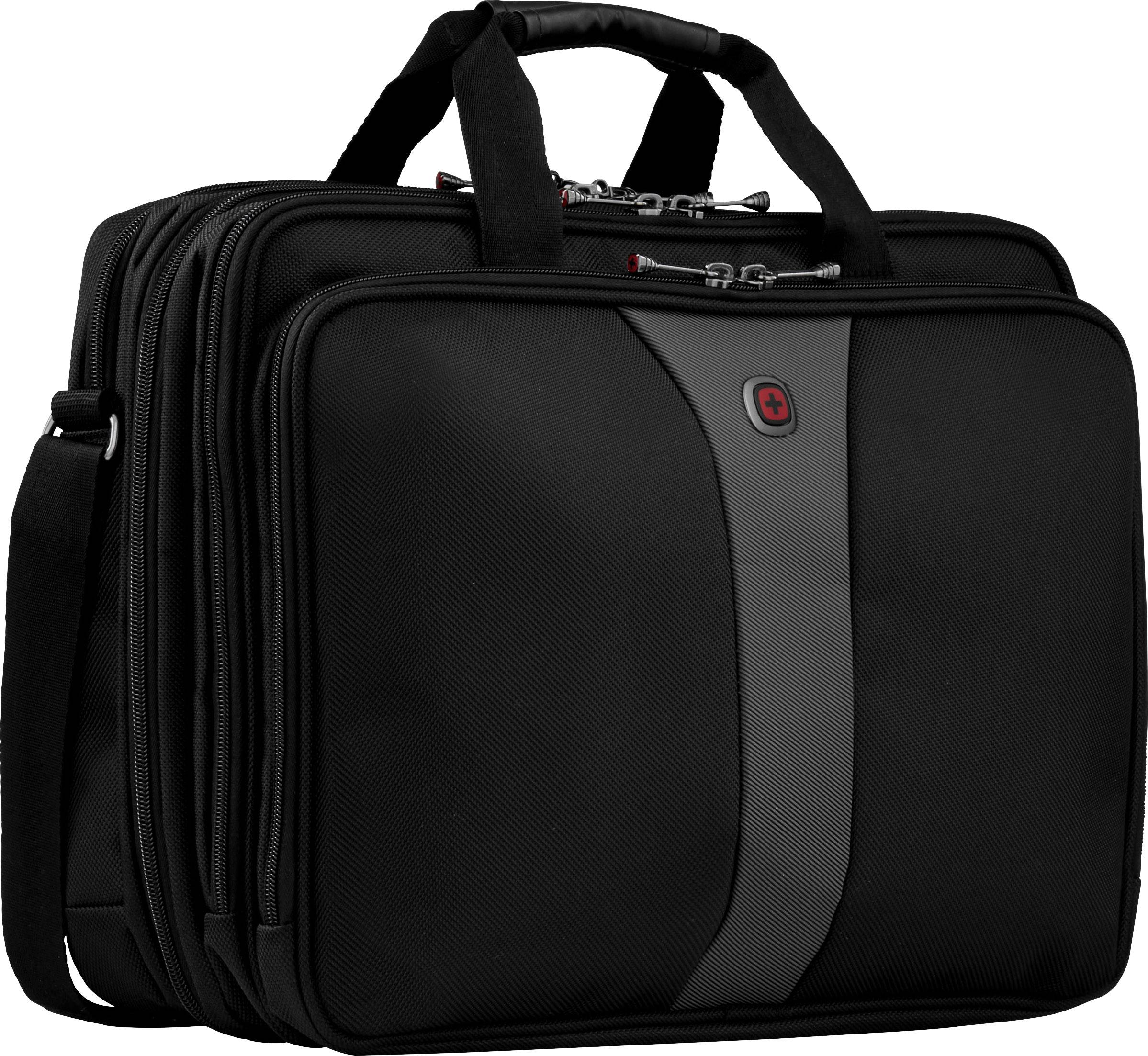 Eine schwarze Laptop-Tasche mit mehreren Reißverschlussfächern und Tragegriffen, geeignet für den Transport und Schutz von Laptops.