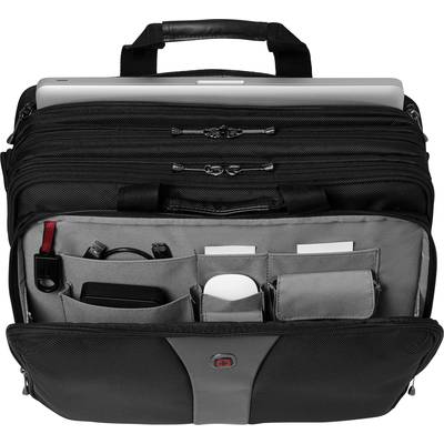 Laptop-Tasche mit mehreren Fächern, geöffnet. Sichtbar sind Laptop und diverse kleine Gegenstände wie Ladegeräte und Zubehör.
