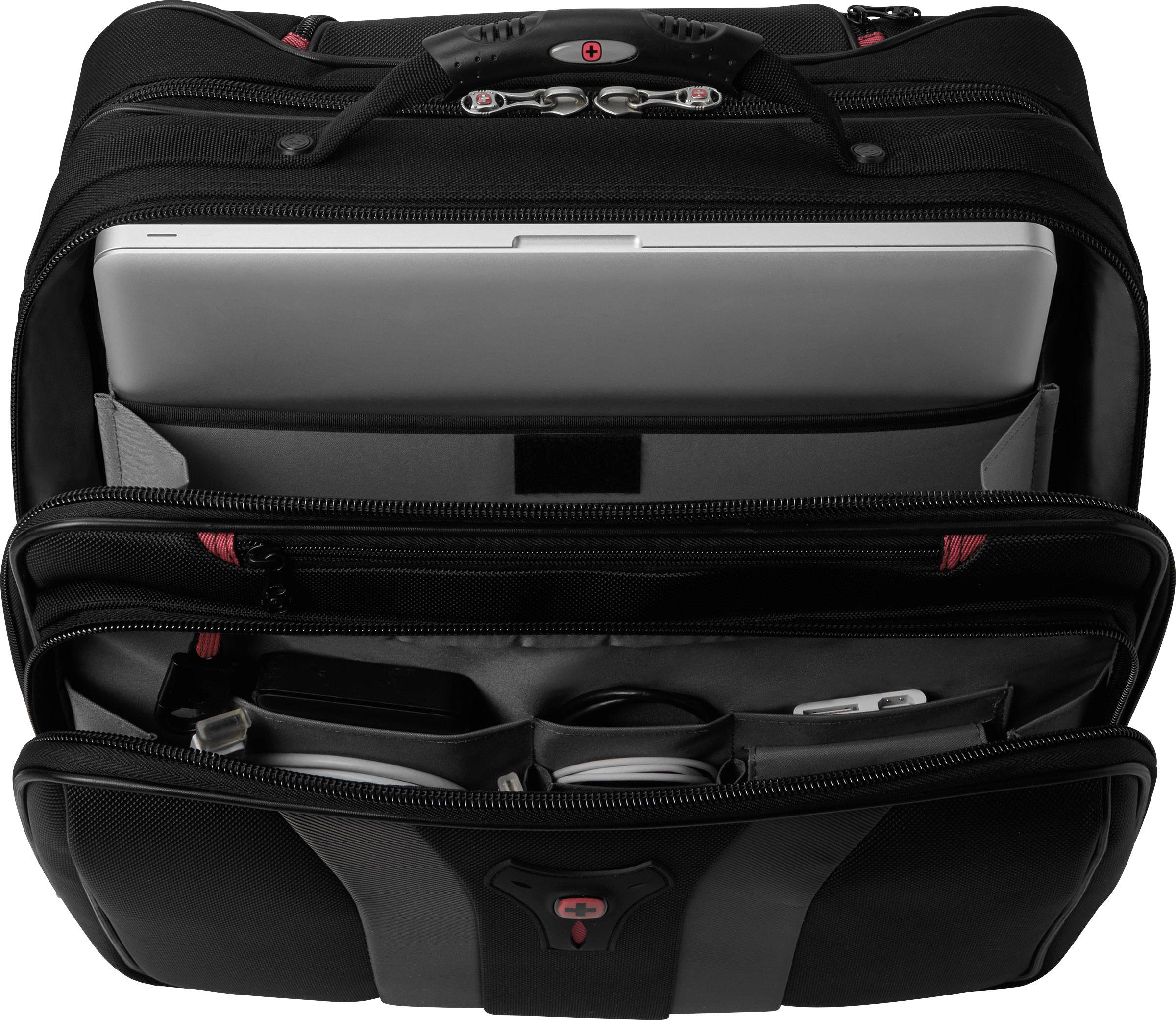 Eine geöffnete schwarze Aktentasche mit einem Laptop, mehreren Fächern und Taschen für Zubehörteile wie ein Ladegerät und Stifte.