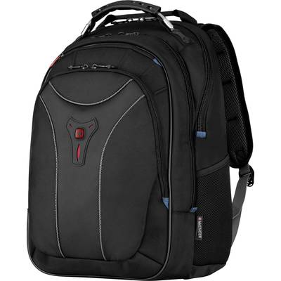 Schwarzer Rucksack mit mehreren Fächern, verstellbaren Trägern und einem Tragegriff. Entworfen für Laptops und Reisen.