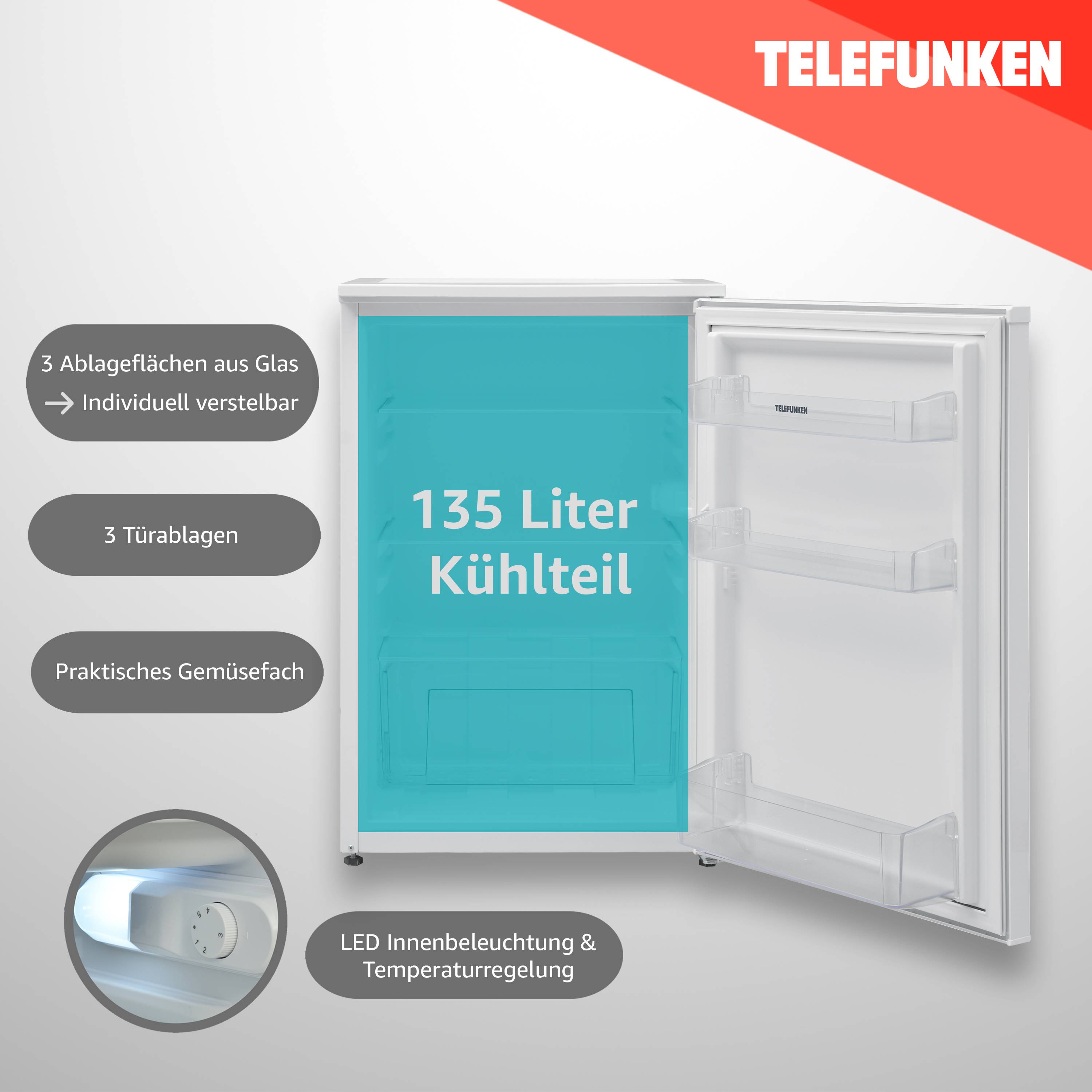 TELEFUNKEN C-135-100 Kühlschrank ohne Gefrierfach | Freistehend | 135 Liter | Kühlschrank klein | LED-Beleuchtung-2