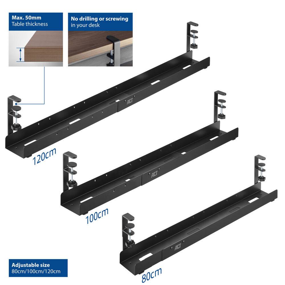 ACT AC8376 Geräumige, verstellbare Kabelwanne | 80 - 100 - 120 cm | Unter dem Schreibtisch | Schwarz-2