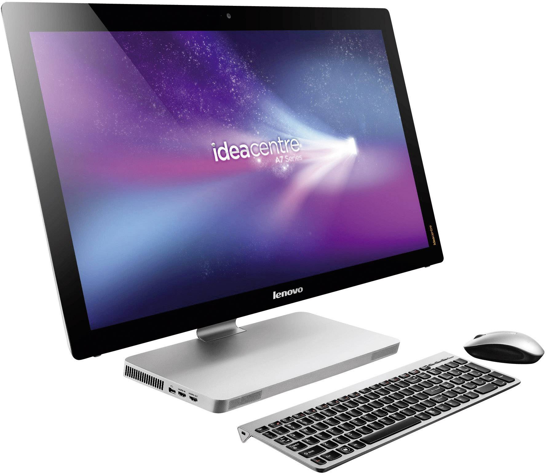 Un PC tout-en-un Lenovo IdeaCentre série A7, fin et noir, doté d'un socle gris argenté, livré avec un clavier et une souris assortis, également gris argentés.