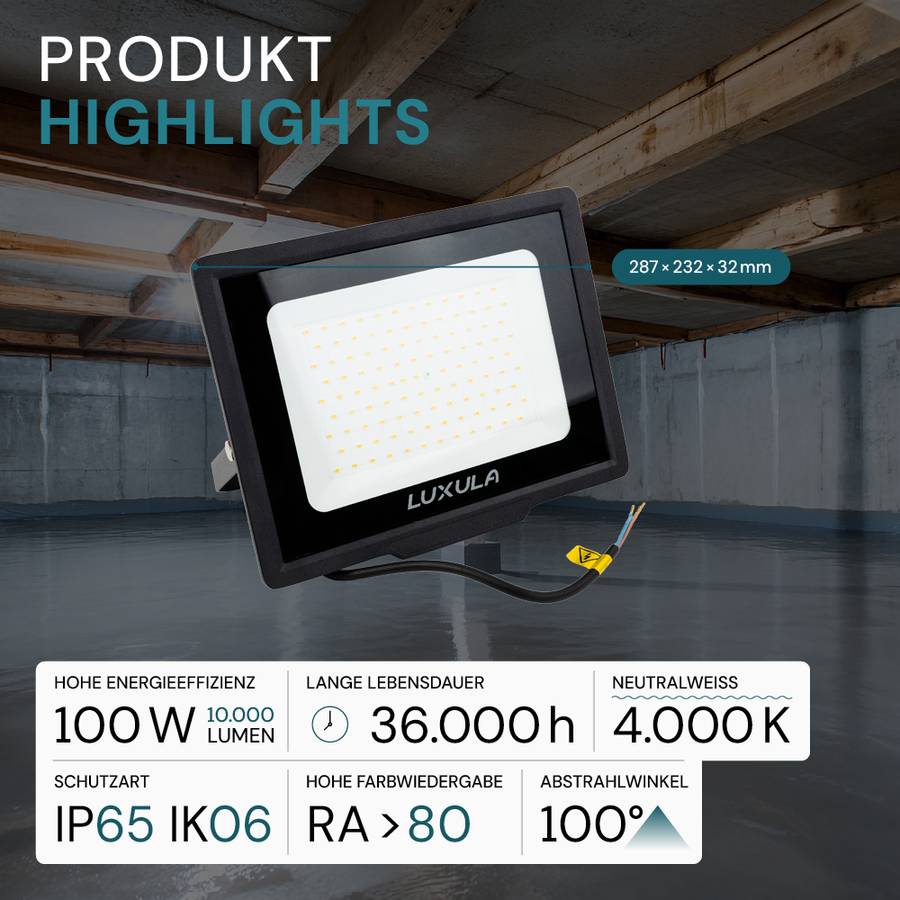 LUXULA LED Außenstrahler 100W 4000K Neutralweiß 10000lm Fluter IP65 Aluminium Schwarz-1
