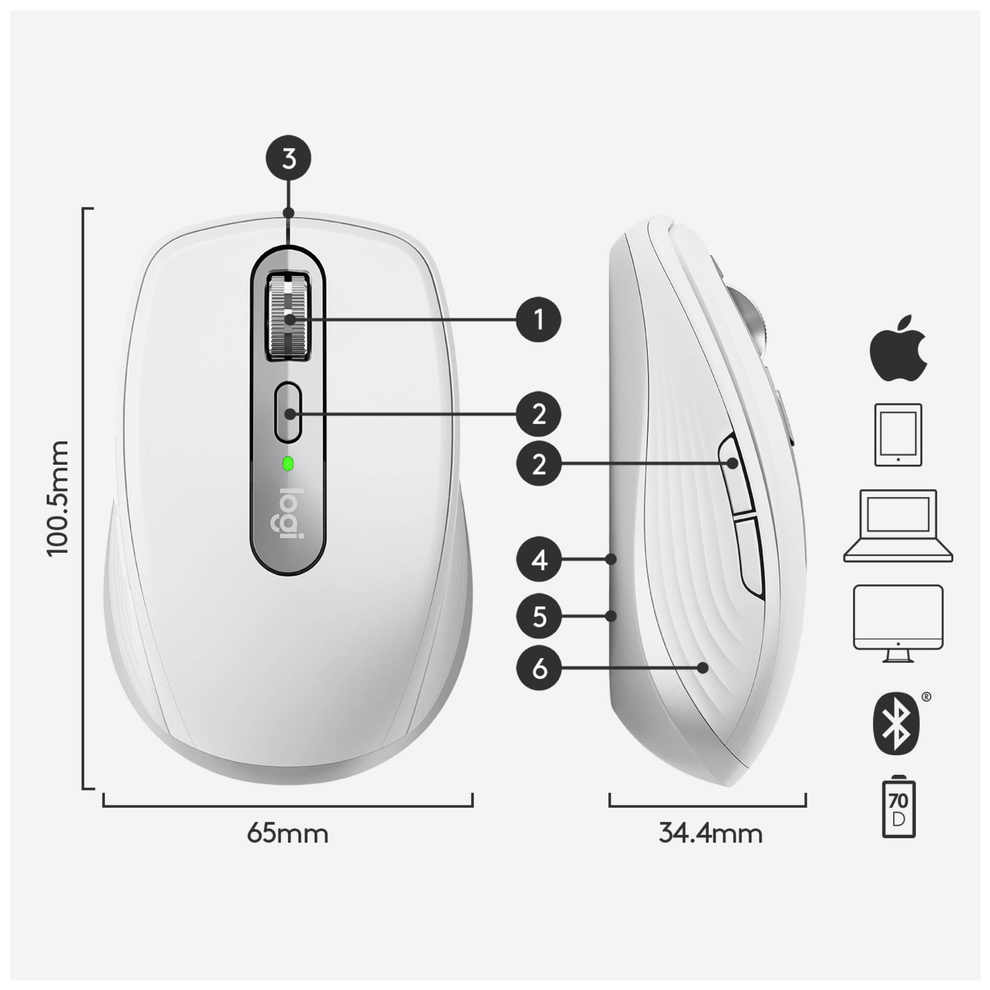 Logitech MX Anywhere 3 Mac Maus Bluetooth® Laser Hellgrau 6 Tasten 1000 dpi Wiederaufladbar-4