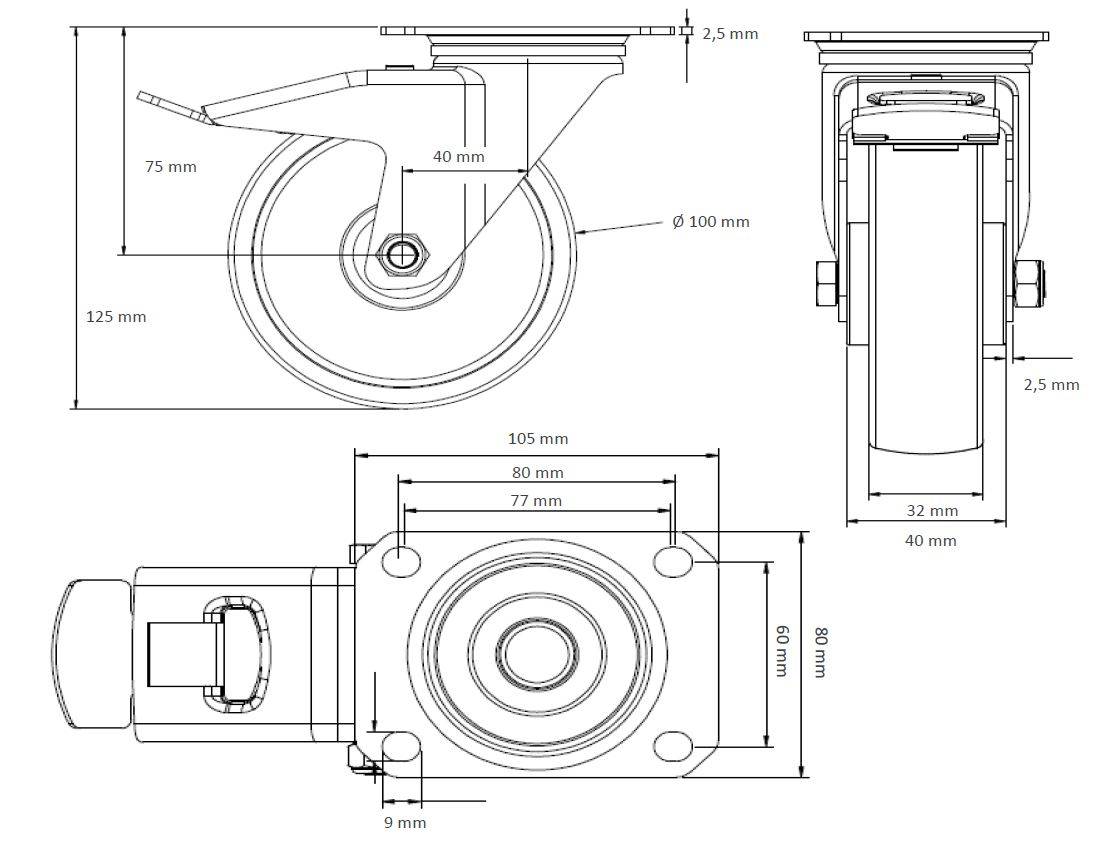 Lenkrolle mit Feststeller 100 mm Polyurethan rot-0