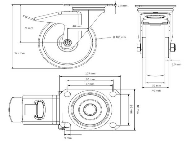 Lenkrolle mit Feststeller 100 mm Polyurethan rot