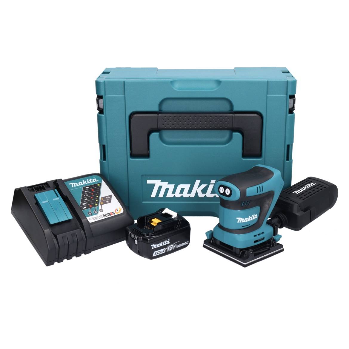 Makita DBO 480 RF1J Akku Schwingschleifer 18 V 112 x 102 mm + 1x Akku 3,0 Ah + Ladegerät + Makpac-1