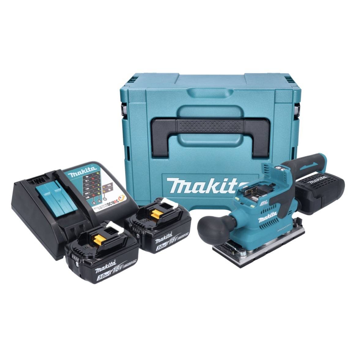 Makita DBO 382 RFJ Akku Schwingschleifer 18 V 93 x 185 mm Brushless + 2x Akku 3,0 Ah + Ladegerät + Makpac-1