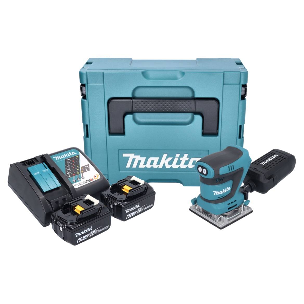 Makita DBO 484 RGJ Akku Schwingschleifer 18 V 112 x 102 mm + 2x Akku 6,0 Ah + Ladegerät + Makpac-1