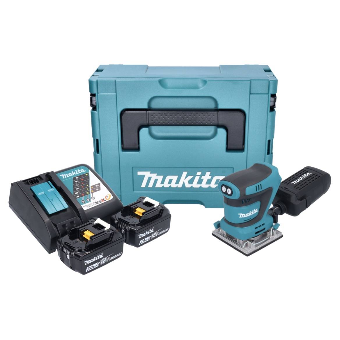 Makita DBO 484 RFJ Akku Schwingschleifer 18 V 112 x 102 mm + 2x Akku 3,0 Ah + Ladegerät + Makpac-1