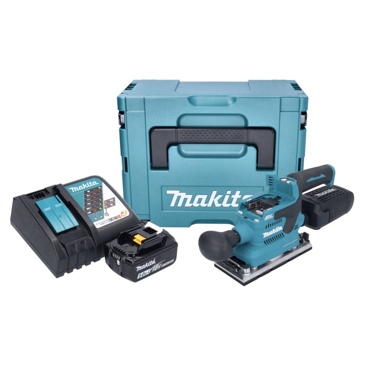 Makita DBO 382 RT1J Akku Schwingschleifer 18 V 93 x 185 mm Brushless + 1x Akku 5,0 Ah + Ladegerät + Makpac-1