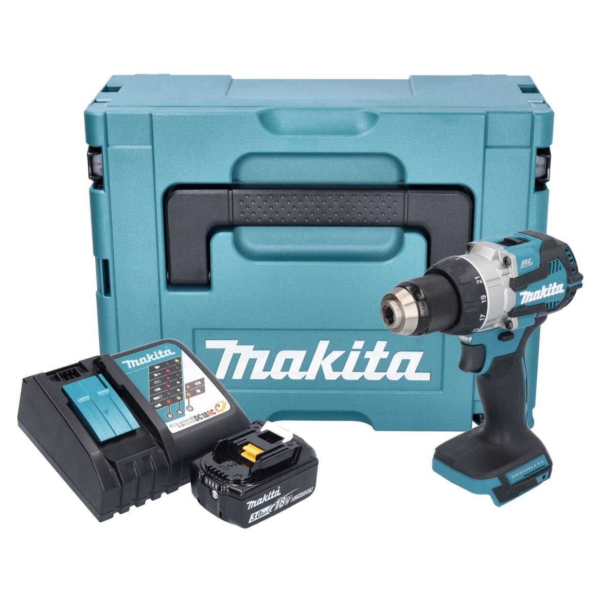 Makita DDF 489 RF1J Akku Bohrschrauber 18 V 73 Nm Brushless + 1x Akku 3,0 Ah + Ladegerät + Makpac-1