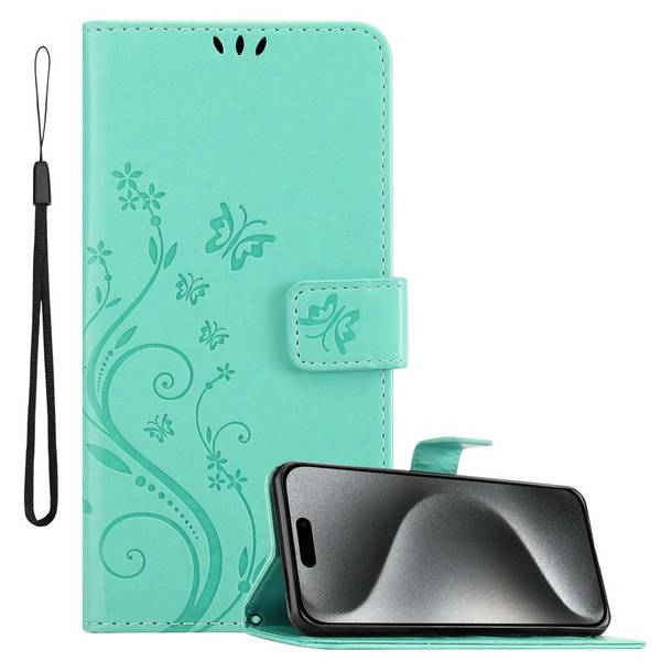 Cadorabo Hülle für Apple iPhone 15 PRO Schutz Hülle in Türkis Schutzhülle Handy Hülle Etui Case Blumen Flower